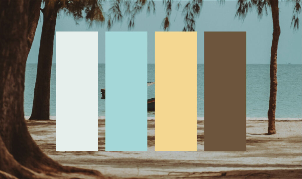 Four colour swatches in a blue-white, pale blue, pale yellow, and muted brown over an image of a tree on a tropical beach
