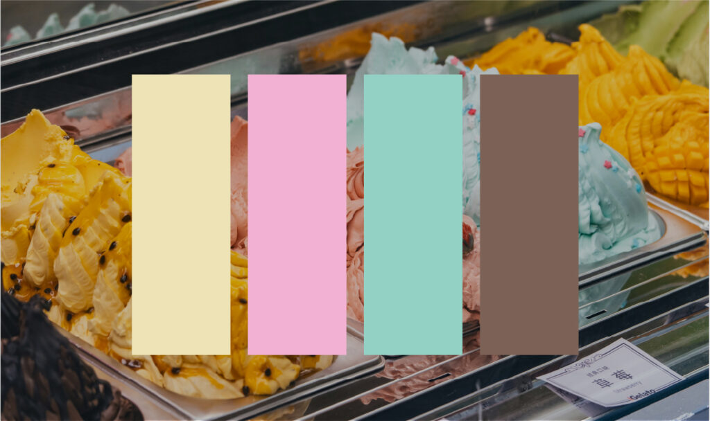 Four colour swatches in pale butter yellow, pastel pink, pastel turquoise, and pale mink brown over an image of ice creams in a counter