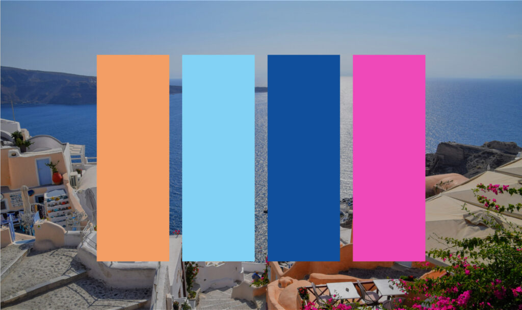 Four colour swatches in light peach, light blue, navy, and bright fuschia, over an image of Santorini